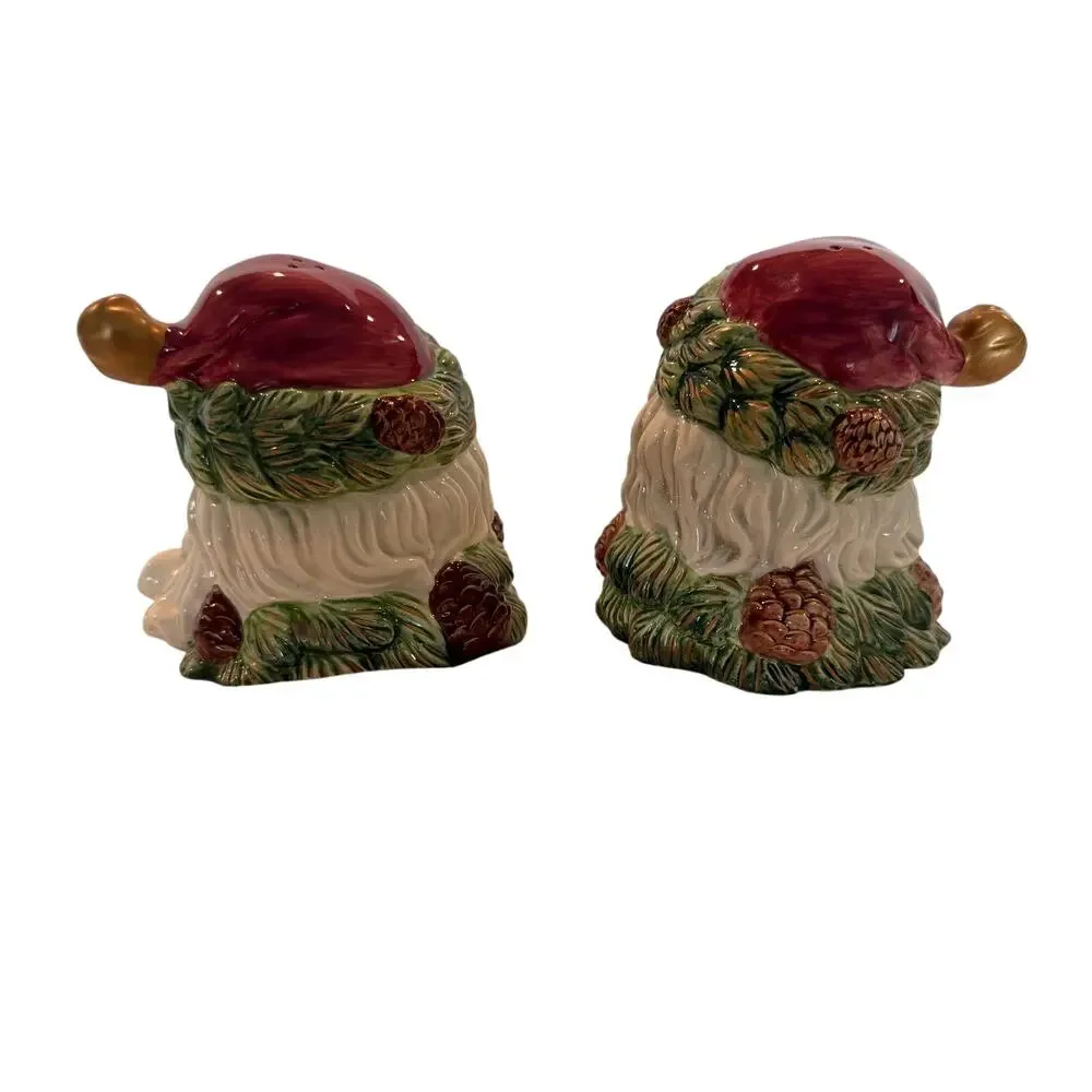 Figural Santa Claus Head Salt and Pepper Shakers with Pinecone and Evergreen